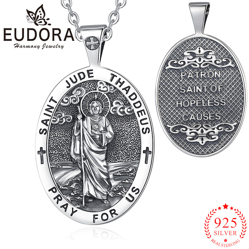 Eudora 925 Sterling Silver Saint Jude Thaddeus Necklace Vintage Embossed Cross Pendant for Men Women Religious Jewelry Fine Gift