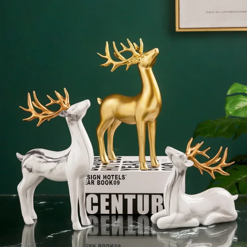 

2Pcs Deer Statue Resin Reindeer Figurines Sculpture Living Room Home Decoration Modern Nordic Desktop Ornament