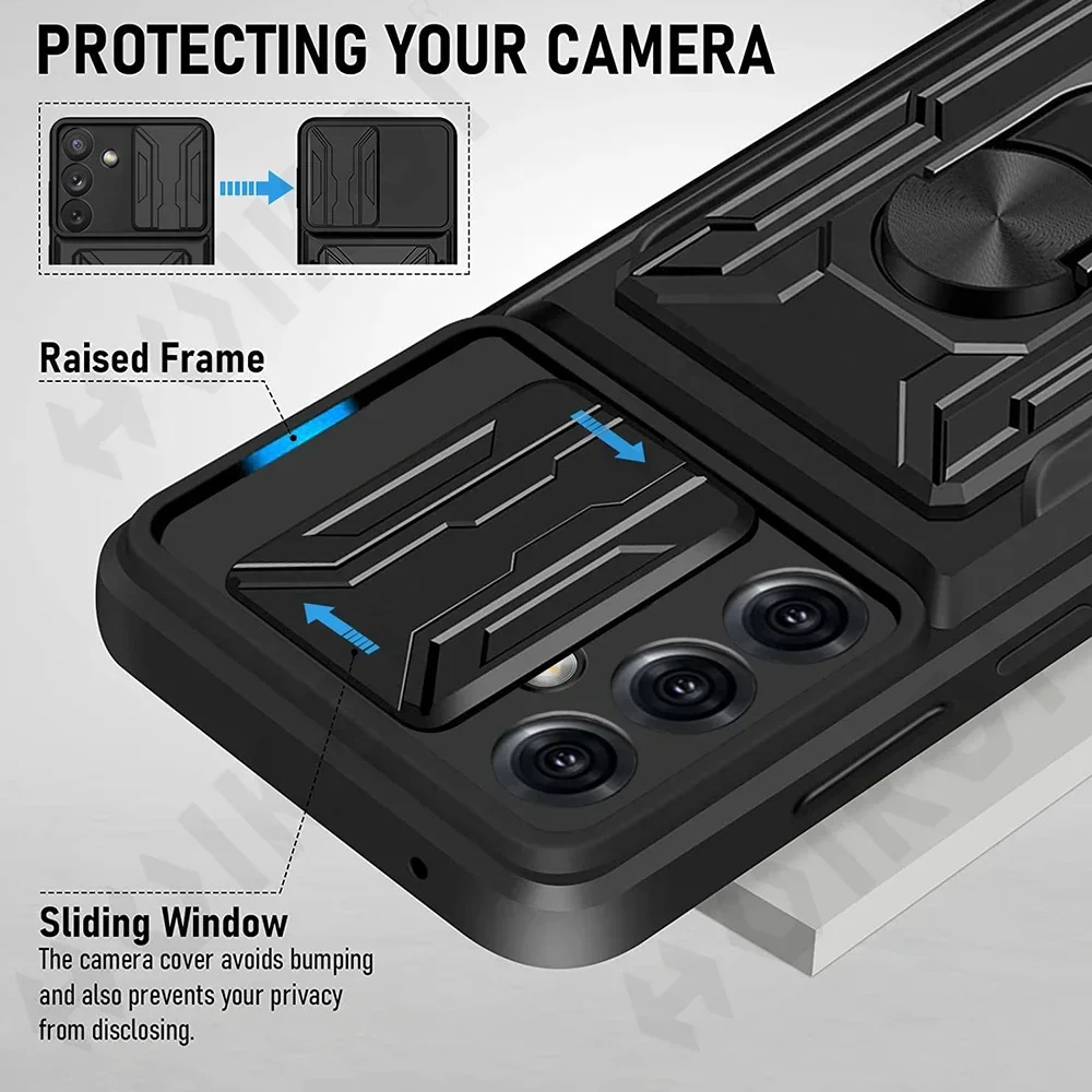 Case For Samsung Galaxy S24 S23 S22 S21 Ultra Plus S20 FE A55 A35 A15 A54 A34 4G 5G Slide Camera Card Holder 360° Ring Cover