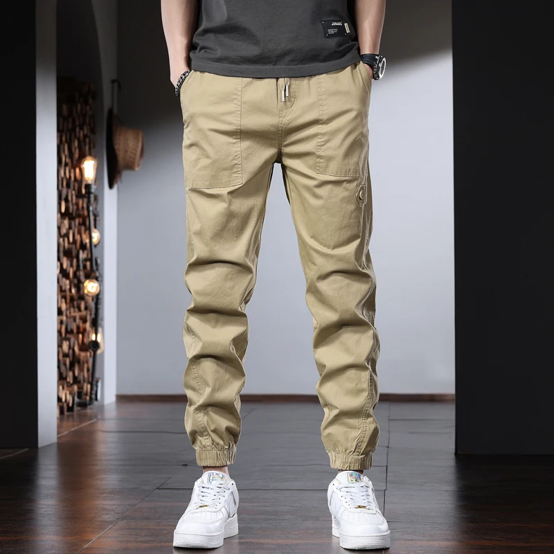 Summer Khaki Casual Pants Men Korean Style Cotton Slim Fit Elastic Waist Drawstring Joggers Trousers