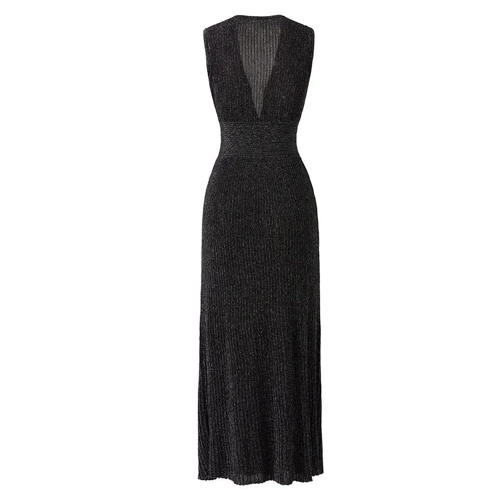 ZJYT Summer Women's Elegant Party Dresses Maxi Evening Gown 2026 New Fashion Deep V Neck Bright Silk Knitted Sweater Dress Blue 6