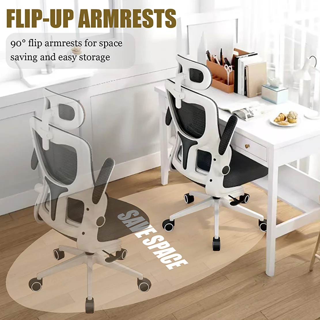 Mesh Office Chair High Back Ergonomic Desk Chair with Lumbar Support and Flip up Armrest Adjustable Headrest for Black Home 3