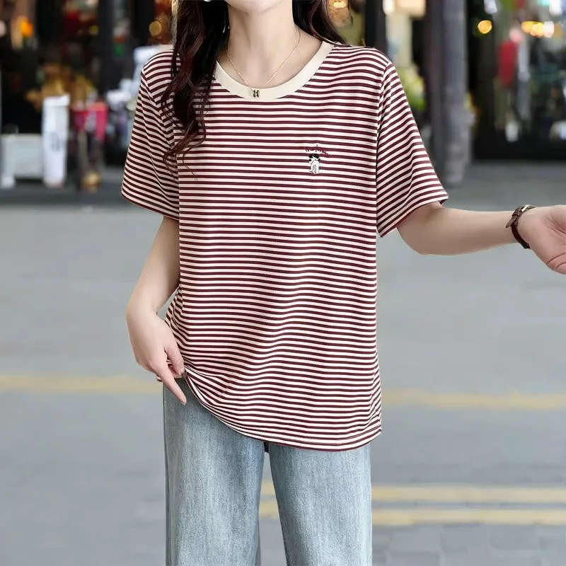 2025 Summer Plus Size Top New 100kg Casual Round Neck Tees Striped Embroidery Short Sleeve Women T-shirt 8015