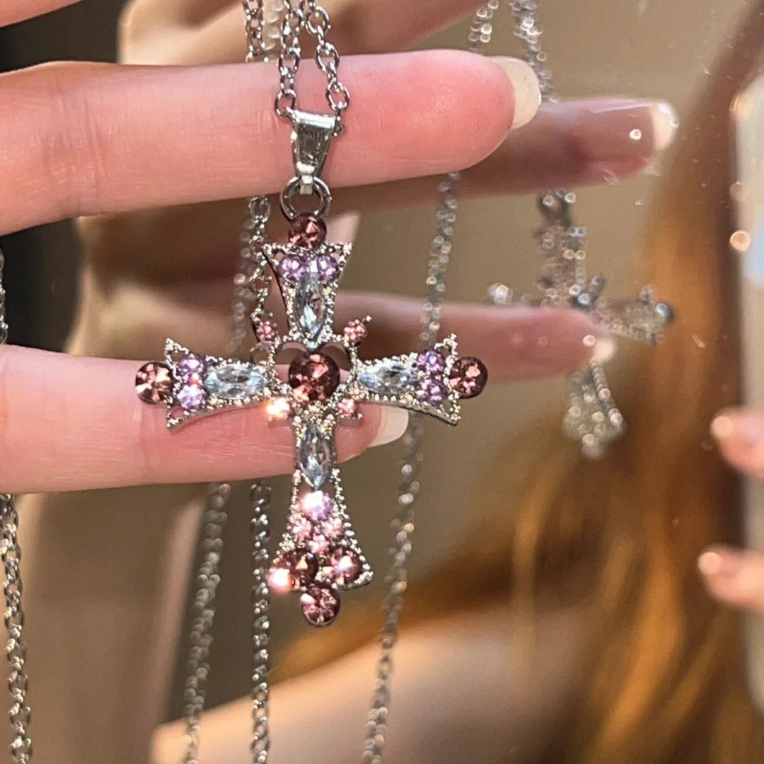 Kpop Y2K silver Color Cubic Zircon Cross Necklace for Women Teen
