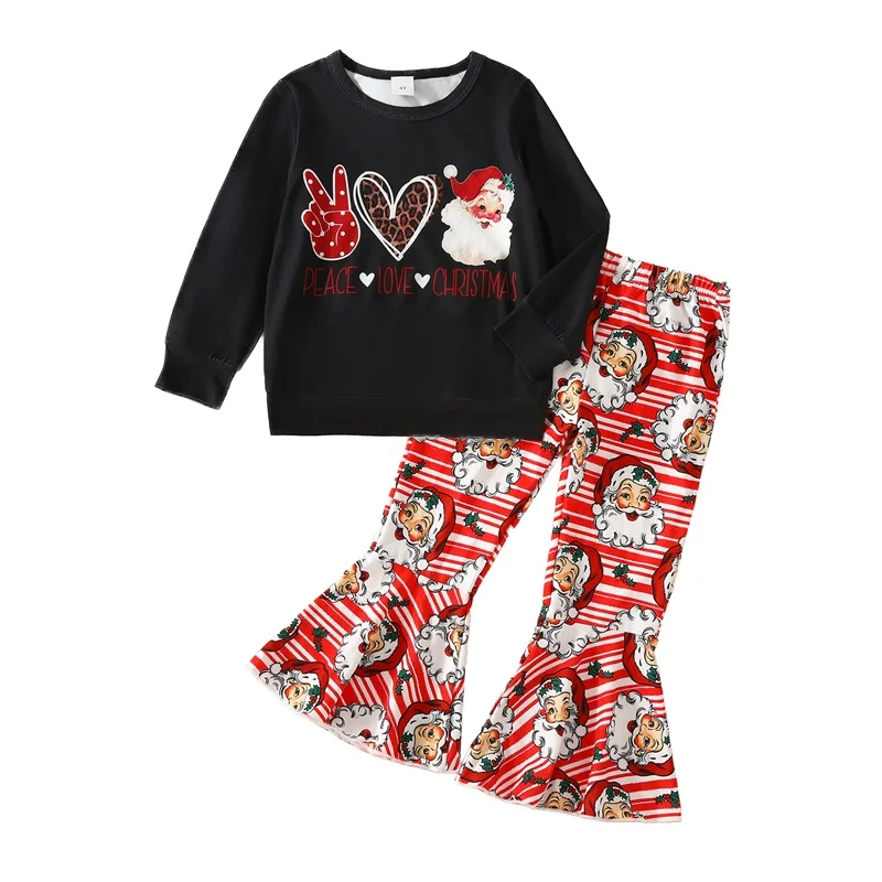 

Toddler Baby Girl Christma Outfits Long Sleeve Santa Print Sweatshirt Flare Pants Set 2 Pcs Xmas Bell Bottom Clothes