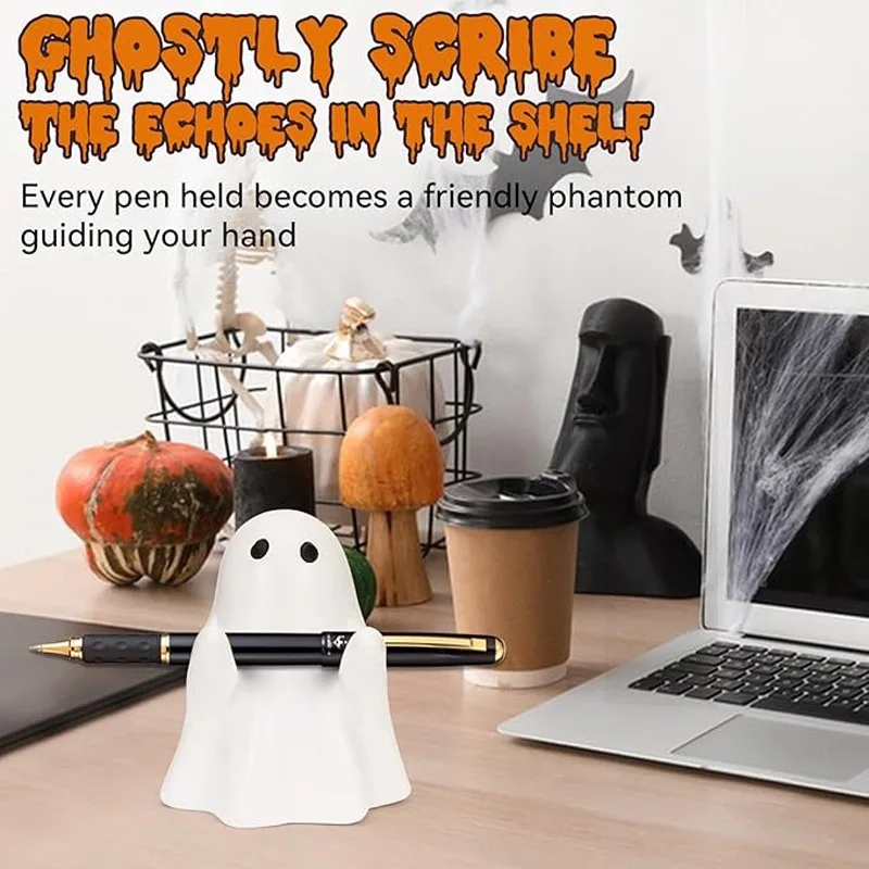 Halloween Ghost Pen Holder Cute Little Ghost Statue Design Pencil Support For Home Office Desktop Decoration