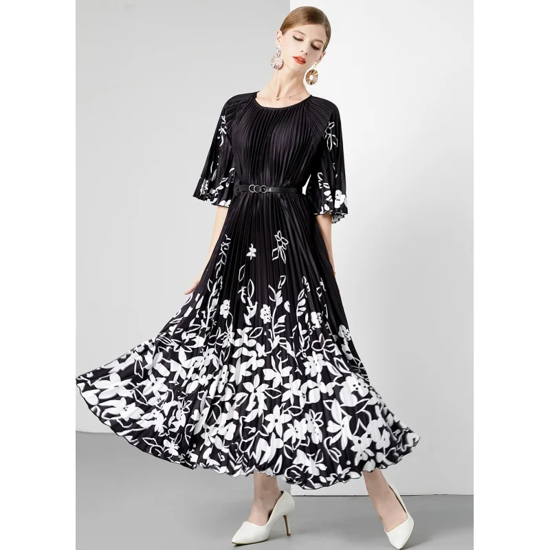 

2023 New Fashion Versatile Print Dress Women's Autumn Vintage Round Neck 5/4 Sleeve Loose Fit Casual Holiday Dress Vestidos