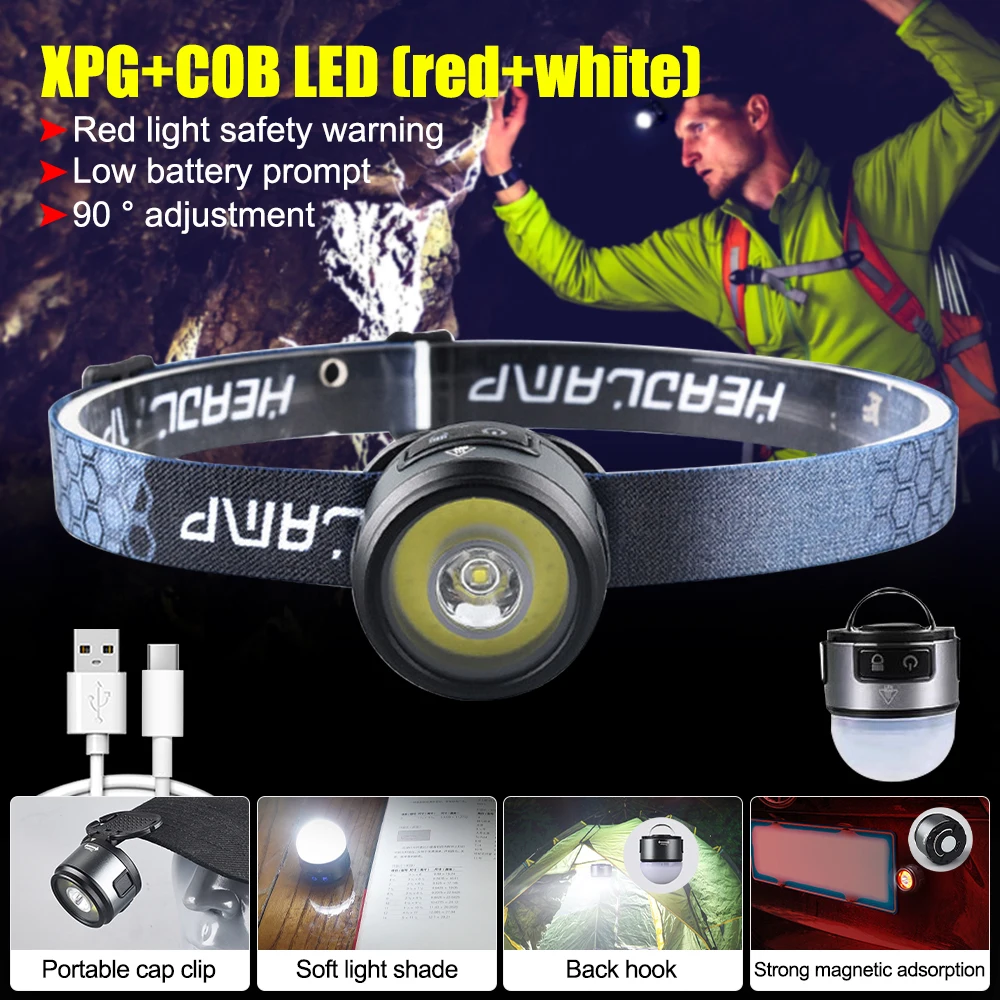 

XPG+COB Multi-function Headlamp With Magnet Hook Cap Clip Headlights USB Rechargeable Outdoor Camping Lantern Glare Work Lamp