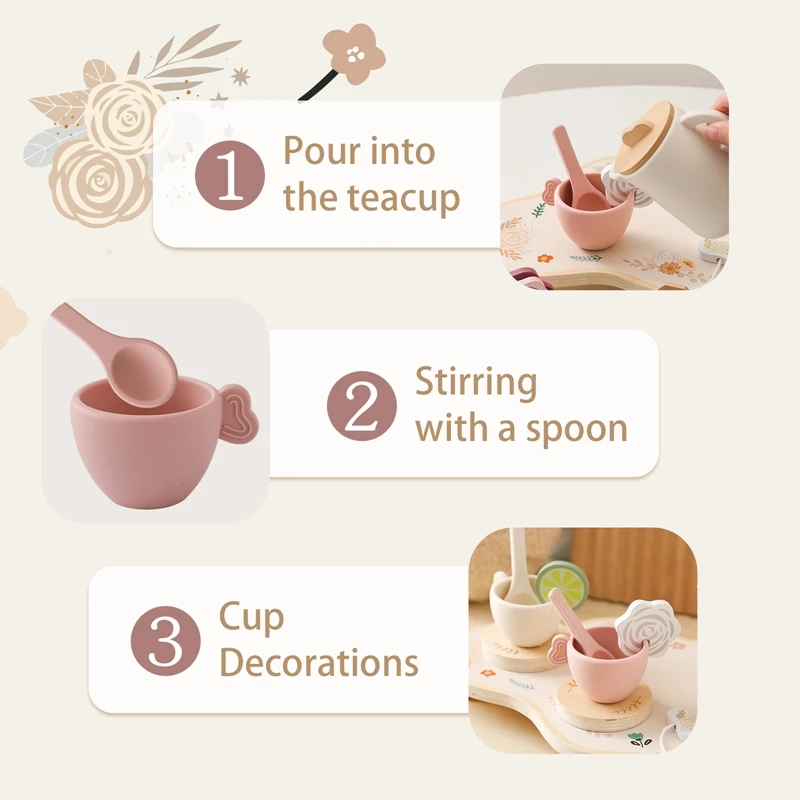 Children Montessori Toy BPA Free Silicone Teapot Teacup Simulation Kitchen Utensil Wooden Kid Education Pretend Play Toy Gifts