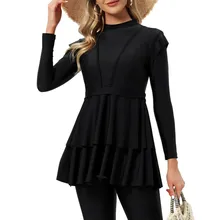 

Ruffle Muslim Swimwear Women Burkini 3pcs with Bra Padding Patchwork Hijab Long Sleeves Swimsuit Islamic Bathing Suit