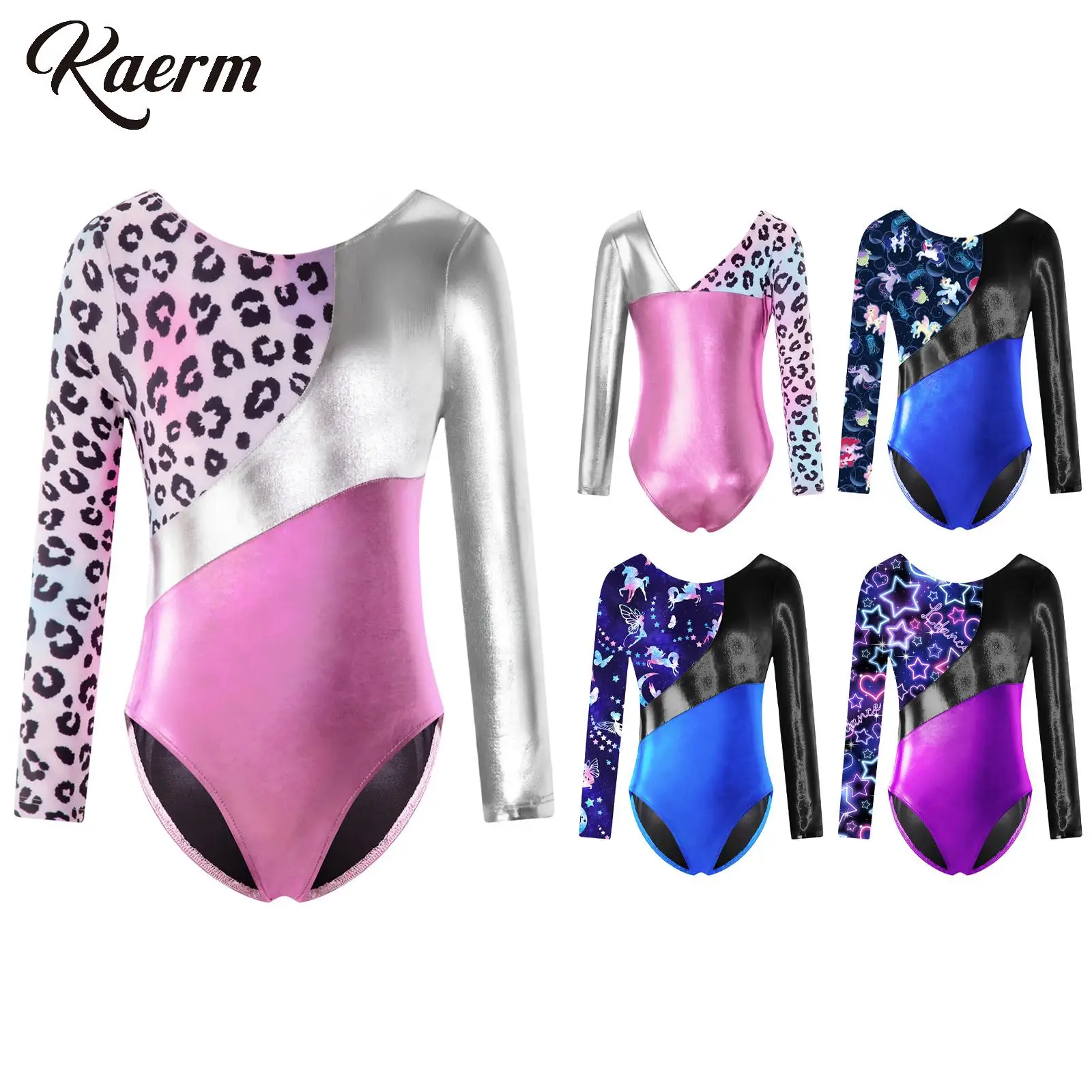 

Metallic Gymnastics Leotard for Kids Girls Long Sleeve V Back Ballet Dance Unitard Athletic Jumpsuit Sports Biketard Bodysuit