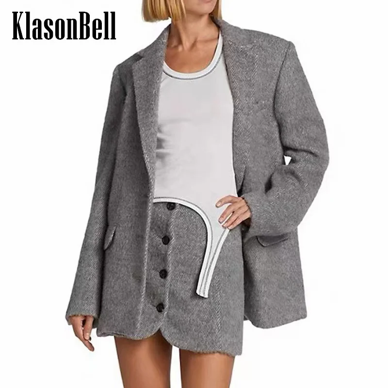 

10.26 KlasonBell Greey Temperament Shouder Pads Long Sleeve Woolen Blazer Or Single Brasted Mini Skirt Set Women's