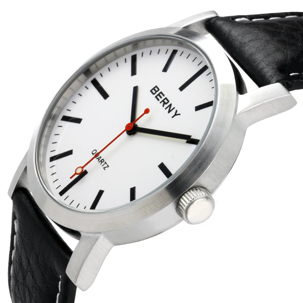 BERNY Men Railway Watch Quartz Clock Male Leather Strap Fashion Railroad Wristwatch Waterproof mens watches top brand luxury