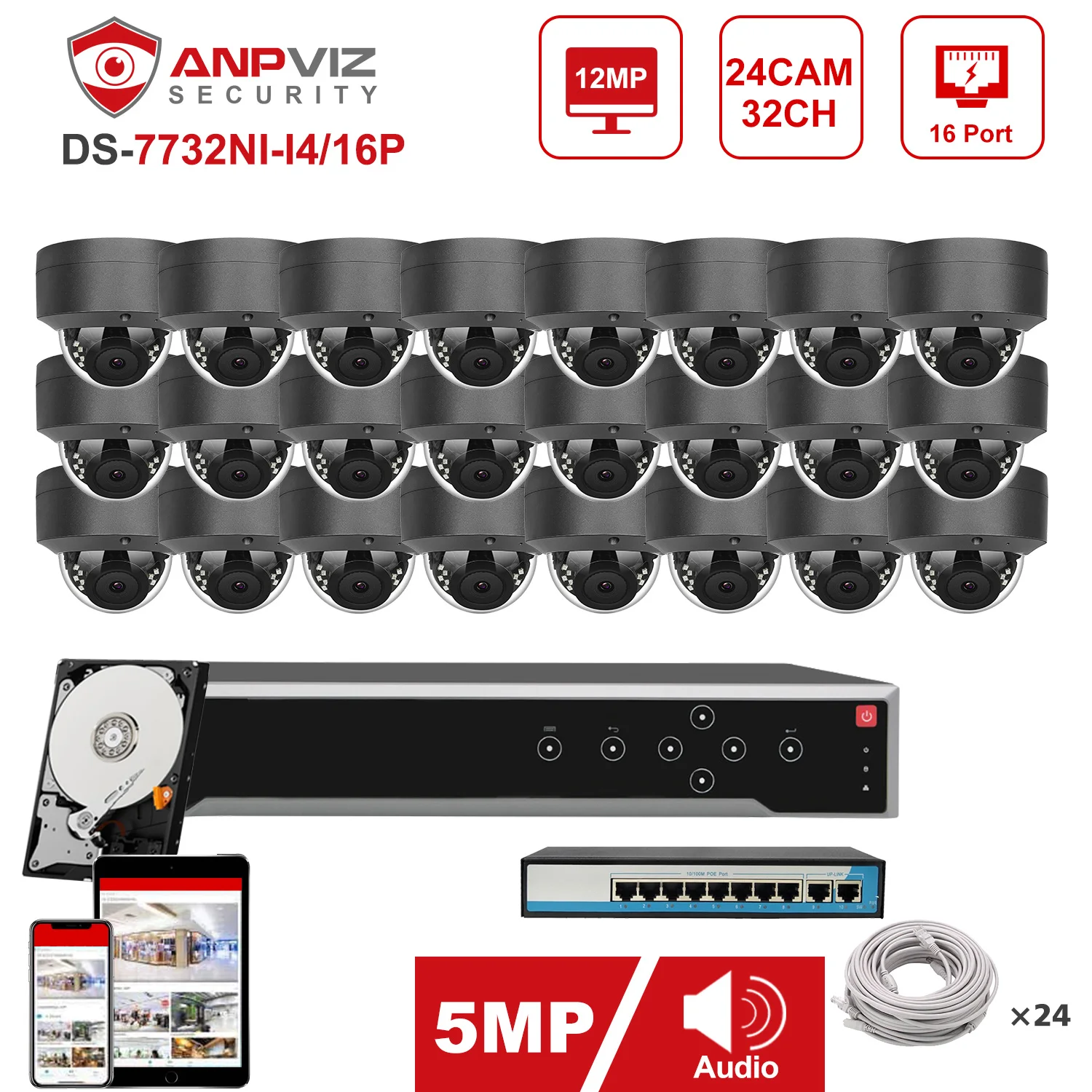 Anpviz Security Protection System 24pcs 5MP POE IP Camera 32CH 4K NVR Kit Plug&Play Support APP Remote View Security Protection