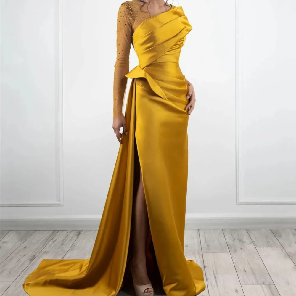 

Luxury Long One Shoulder Beaded Satin Evening Dresses Full Sleeves with Slit Mermaid Sweep Train Robe De Soiree Femmes