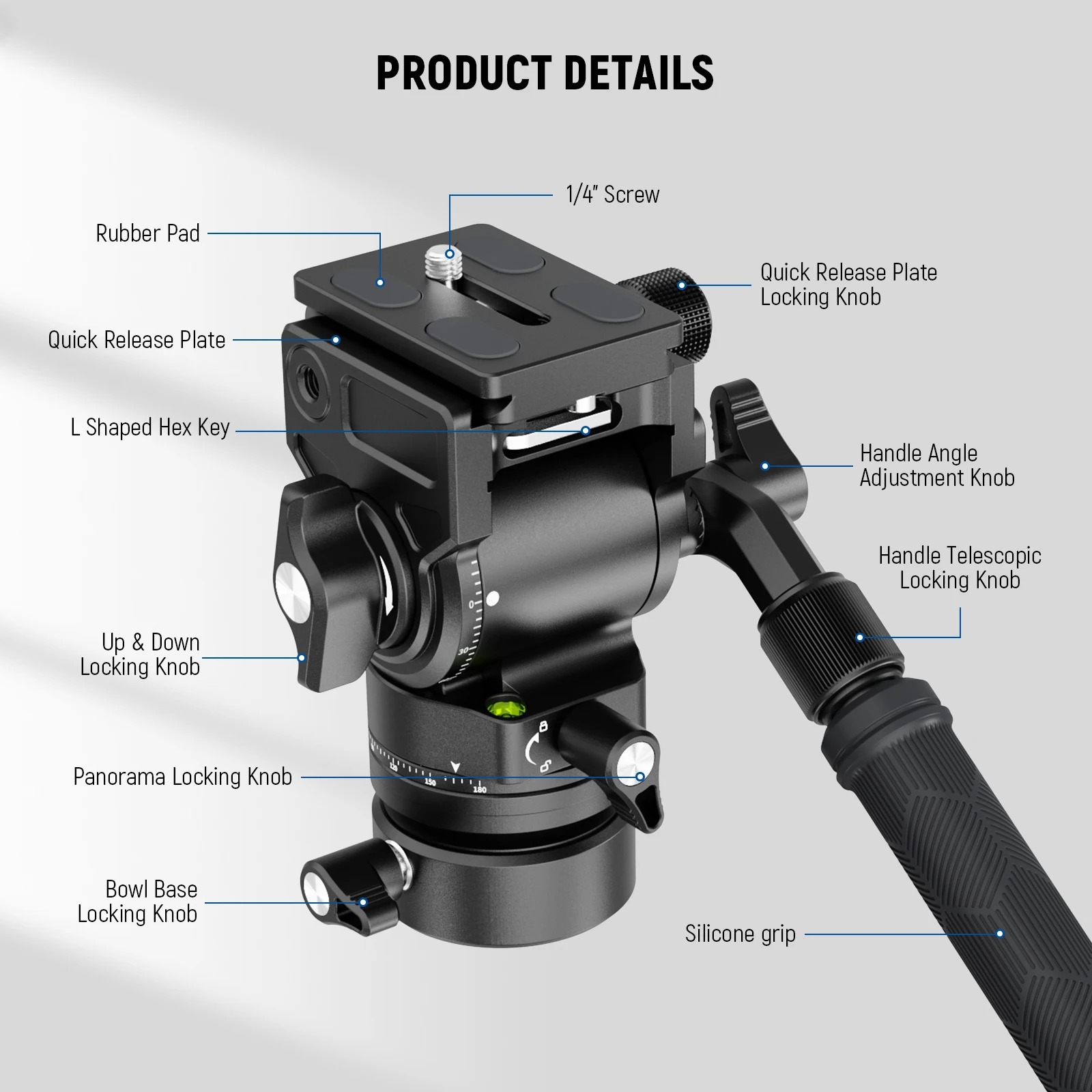 NEEWER Tripod Fluid Head with Leveling Base Metal Mini Pan Tilt Video Head Mount Telescopic Handle for DSLR Camera