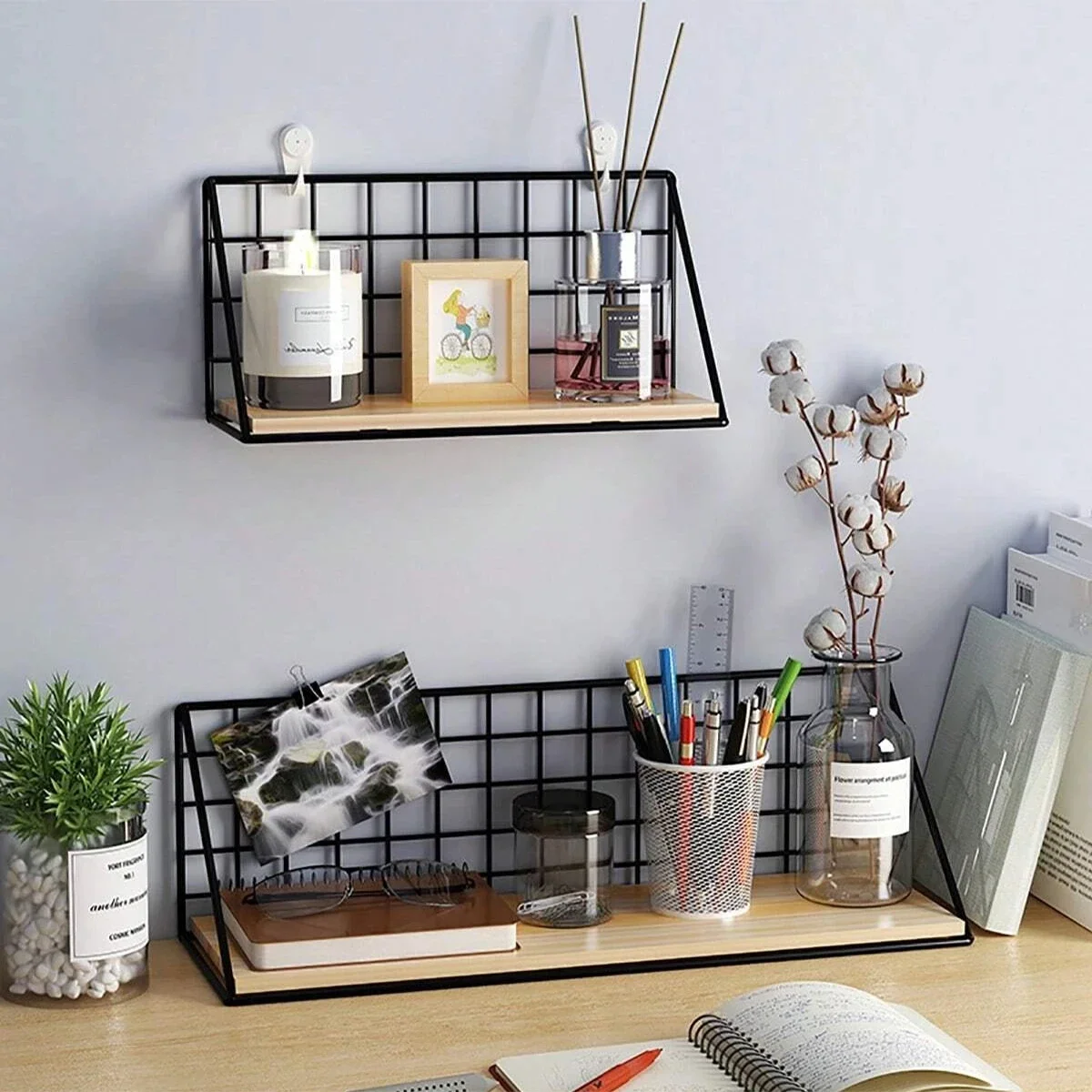 Description Picture 6 of itemWall Mounted Shelves Without Drilling Wood Hanging Shelf For Living Room Bedroom Storage Basket Wall Decoration Rack Organizers