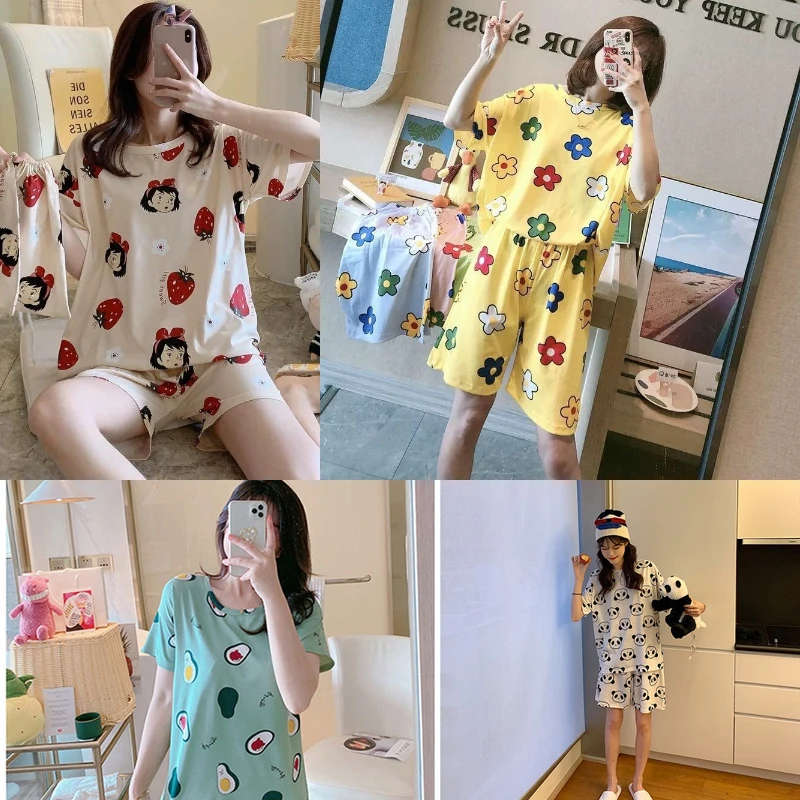 여성용 투피스 잠옷, 아이스 실크 쿨 반팔 반바지, 귀엽고 얇은 학생 V넥 풀오버, 홈웨어 세트, 여름 