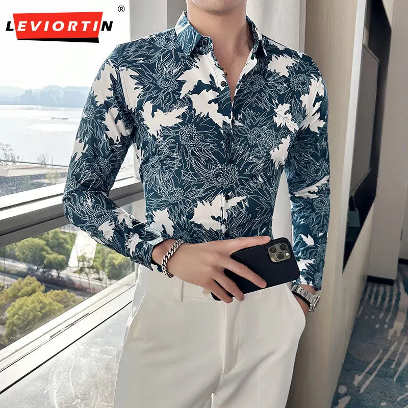 

2023 men's high-end feeling ruffian and handsome retro Hong Kong style slim fitting fashionable flower shirt street wear