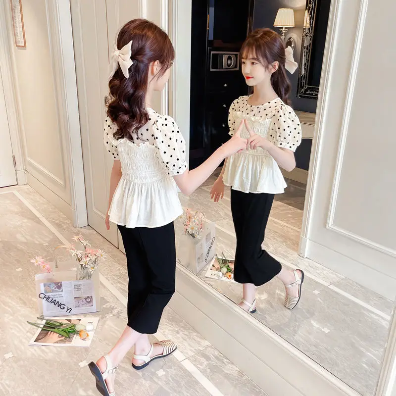 

Kids Girl Summer Fashion Long Flare Pants Outfits Short Sleeve Polka Dot Tops Children Clothes Korean Casual Two Pieces Sets Z29