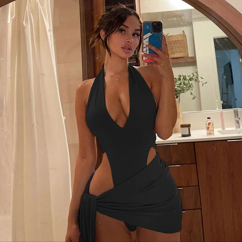Sexy Slim Fit Solid Deep V-Neck Two Piece Sets Women Backless Bodysuit Mini Dress Body Sets Party Club