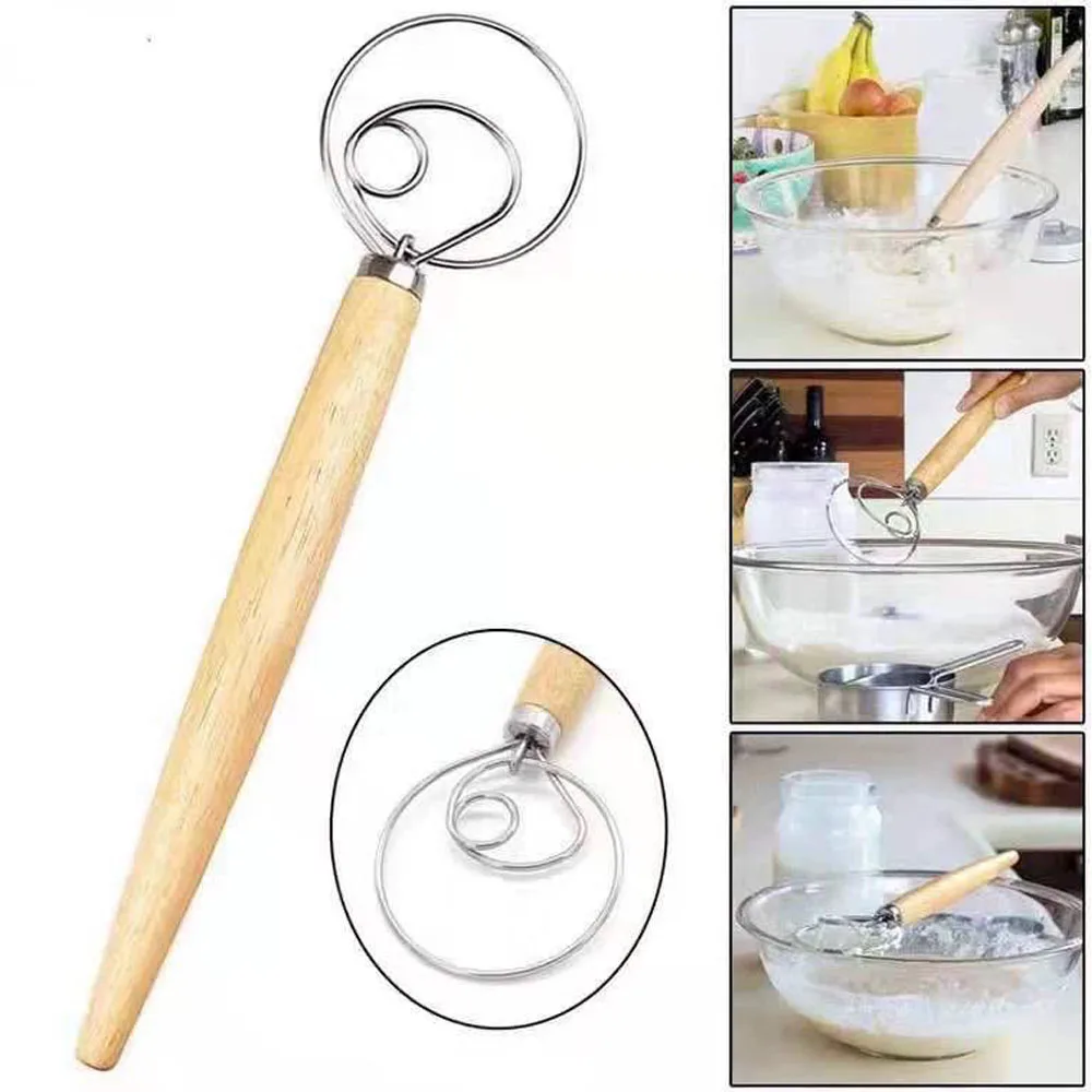 

13" Oak Handle Coil Flour Mixer Stirrer and Dough Mixer Stainless Steel Coil Flour Beater Egg Beater