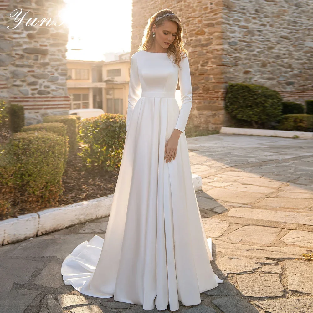 

Yunshang Simple A-Line Wedding Dresses O-Neck Long Sleeve Bow Satin Pleat Floor-Length Bridal Gown Sweep Train Vestidos De Novia