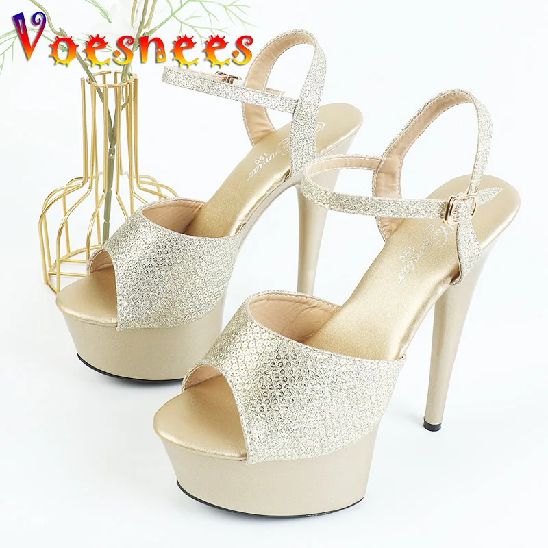 

New Fashion Models 17CM High Heeled Pumps Nightclub Women's Shoes Pipe Dance Sandals Party Wedding Gold Ankle Buckle High Heels