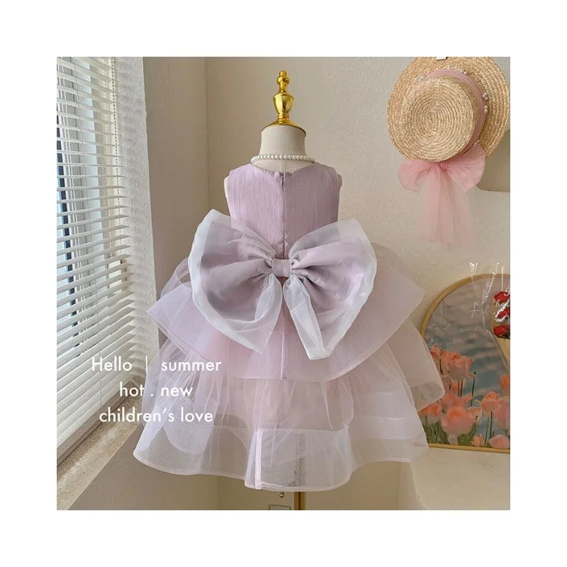 

Girls' Summer Dress 2024 New Fashion Sweet Bow Princess Dress Stylish Mesh Sleeveless Dress for Little Girls