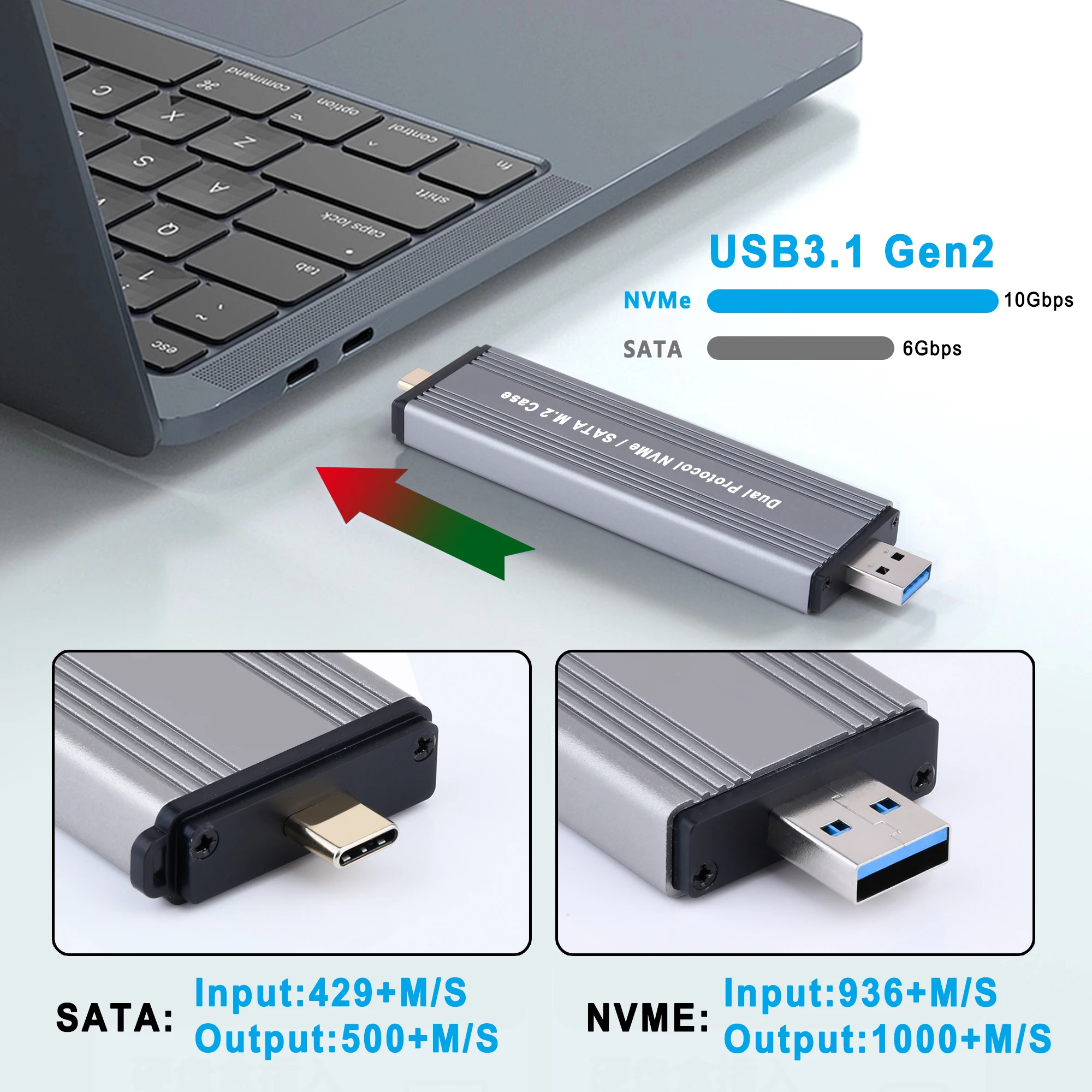 M2 SSD Case Dual Protocols SSD Case USB3.0/Type-C to M.2 NVME NGFF SATA Enclosure Adapter USB3.1 Gen2 USB C External Box