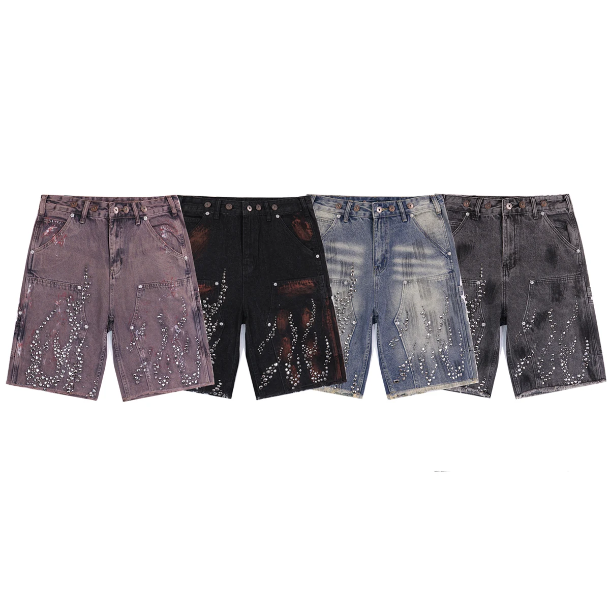 High Street Rhinestone Painted Baggy Jeans Shorts for Men Pockets Wide Leg Blue Black Loose Five Point Denim Pants Oversized