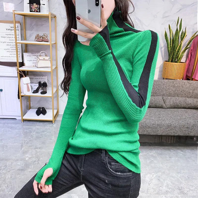

Fashion Turtleneck Spliced Knitted Sweaters Women's Clothing 2022 Autumn New Loose Casual Pullovers All-match Commute Tops