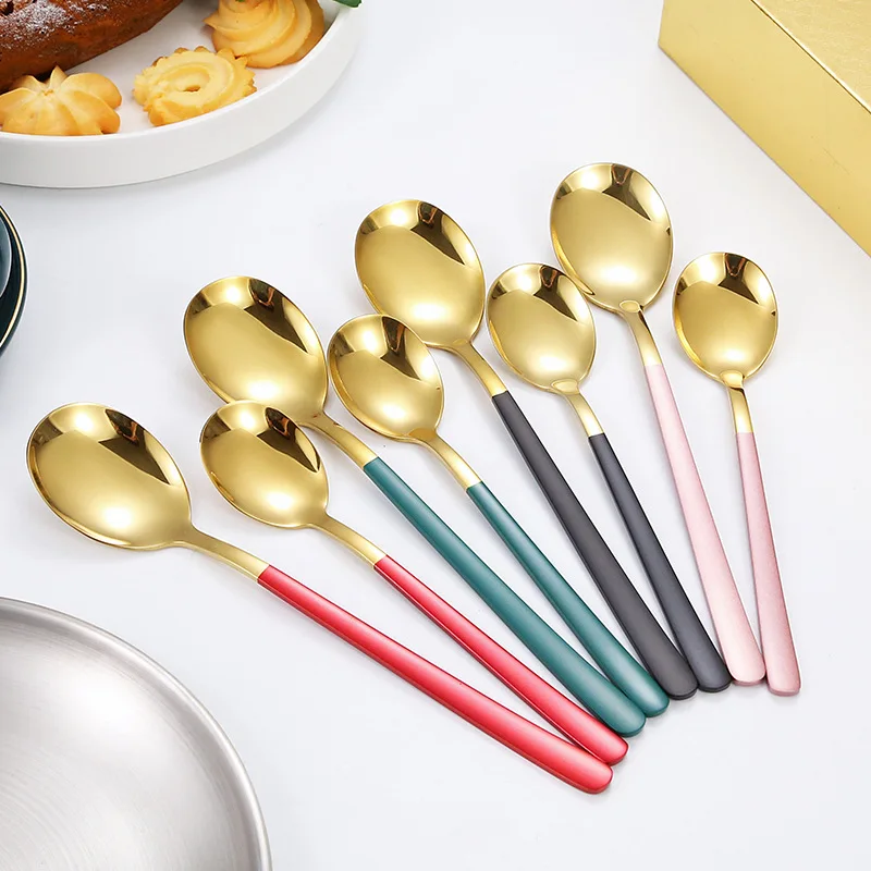 

Long Handle Round Spoon Stainless Steel Korean Style Household Exquisite Ice Cream Dessert Spoons Kitchen Accessories