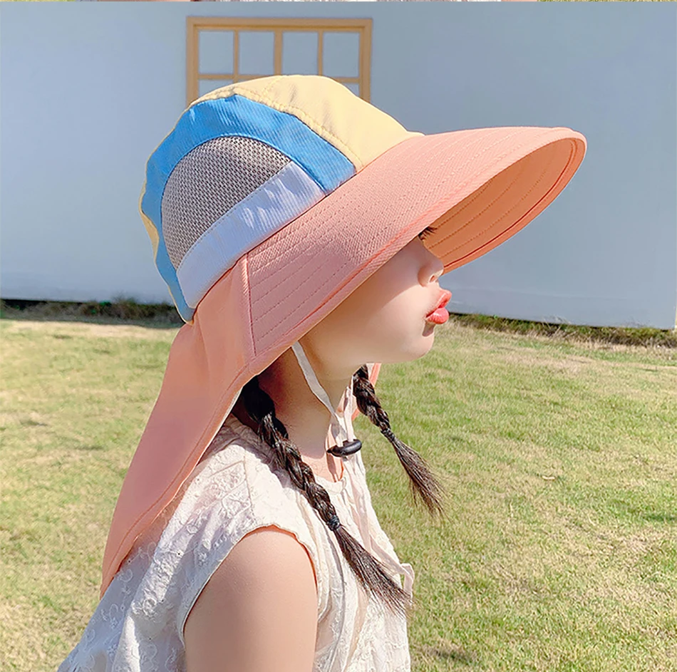 Sommer Baby Sonnenhut mit Nackenklappe und breitem Riemen, Strandhüte, Kinder-Eimerhut, UV-Schutz, Panama-Kappe für Jungen und Mädchen_voghion.com