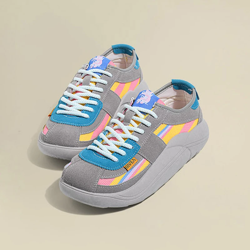 

Lace-Up Mixed Colors Trainers Women's Vulcanized Shoes 2023 Fashion Platform Dad Sneakers Breathable Female Outdoor Casual Shoes