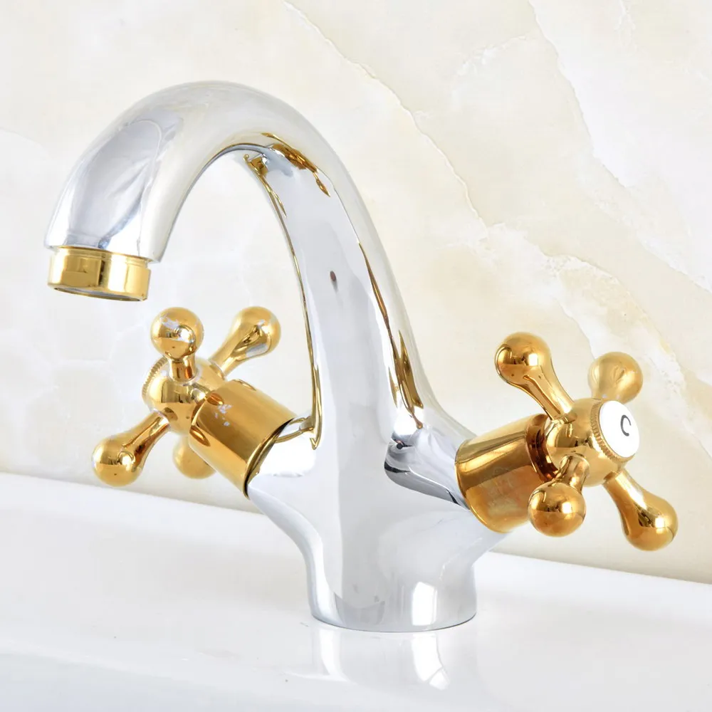 

Golden Silver Brass Washbasin Faucet Dual Handle Single Hole Deck Mount Bathroom Sink Faucets Lavatory Cold Hot Water Tap Dnf480