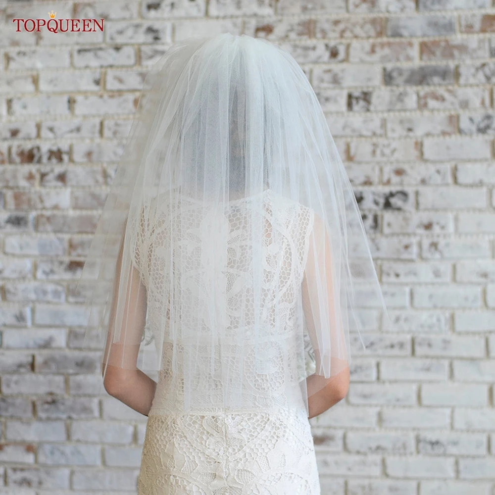 

TOPQUEEN V26 Bridal Veils Wedding Short Raw Edge Blusher for Over Face Two Tier Minimalist Wedding Veil with Blusher Soft Veil
