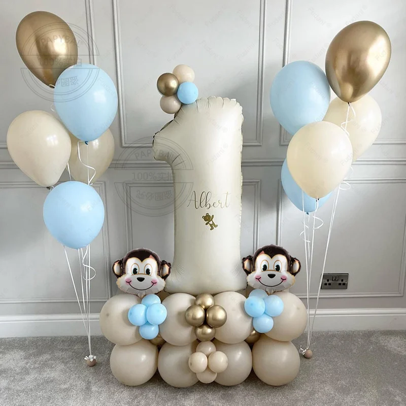 51Pcs Jungle Animal Balloon Tower Con 40 Pollici Milk White Number Balloon Monkey Foil Balls For Kids Jungle Birthday Party Decor