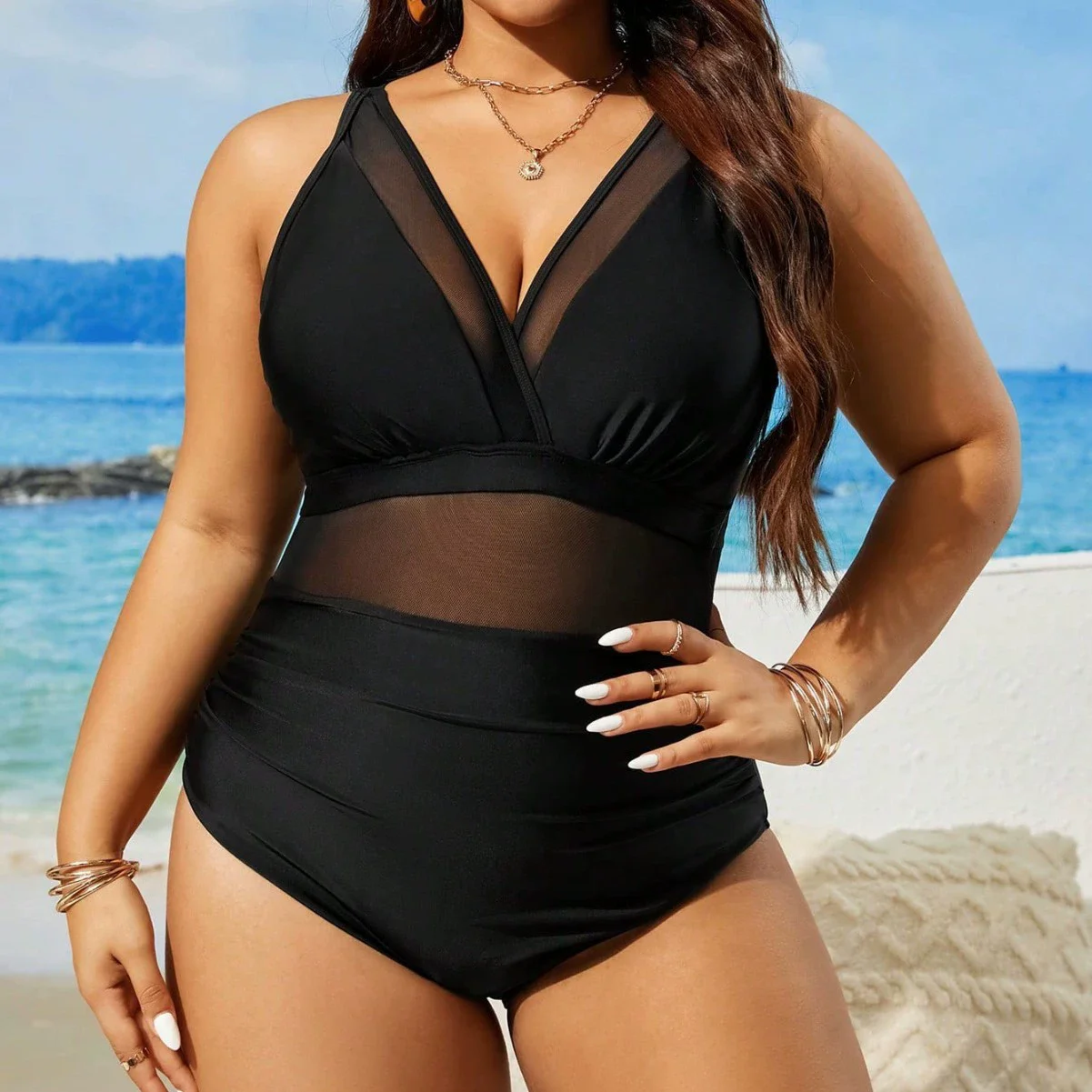 Maiô Feminino Plus Size B2prity - Decote Em V, Controle De Barriga, Com Babados
