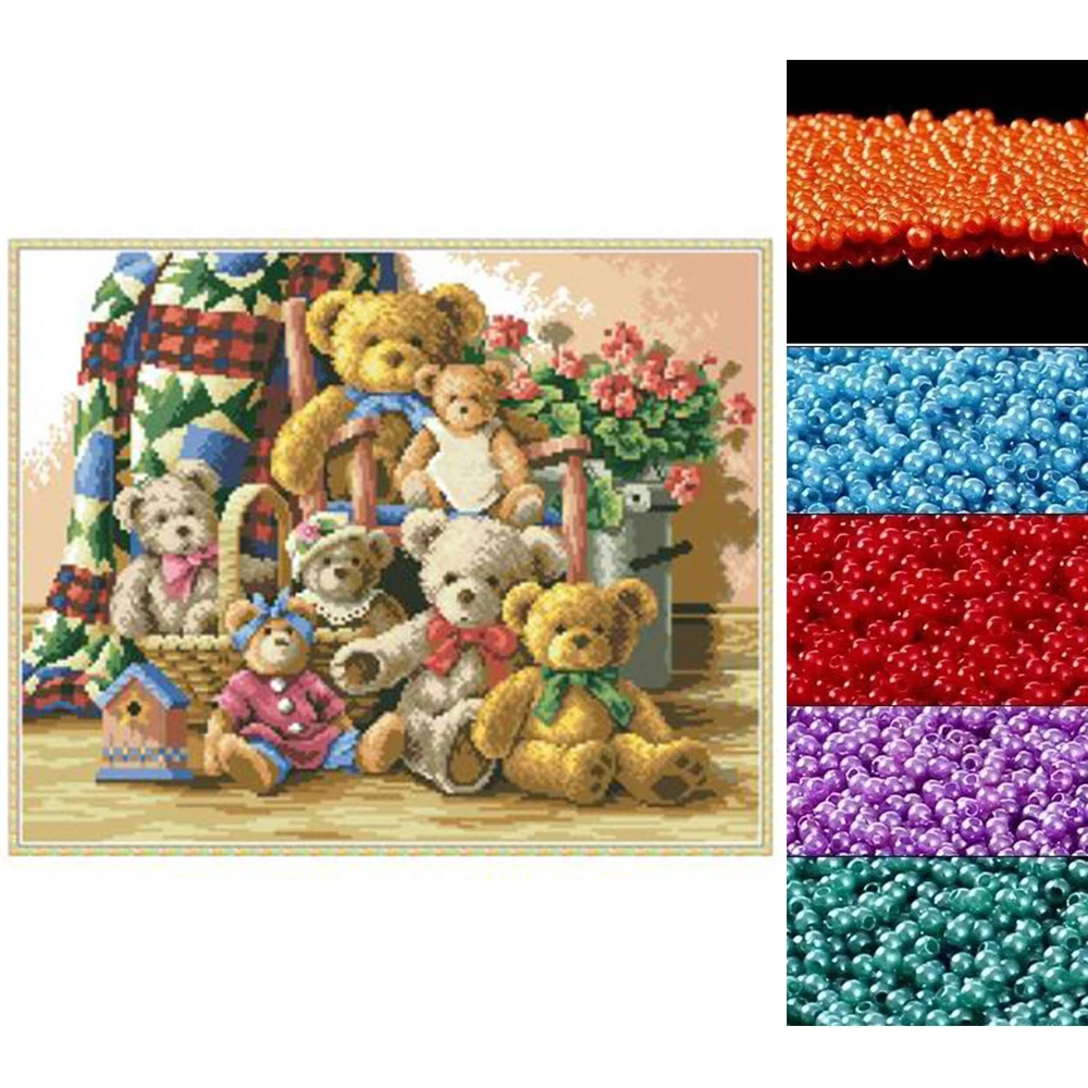 Embroidery Kits Cross stitch bead Bear family kits beadwork circuits crafts pearl embroidery beads printed cotton canvas Stitching