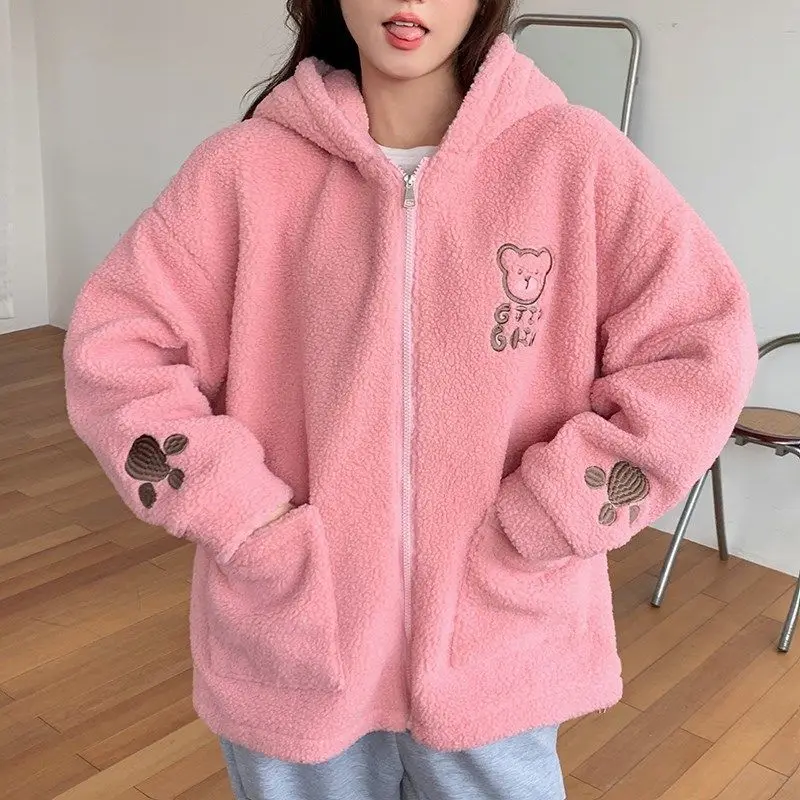 

Hooded lamb plush cartoon bear sweater female loose Korean version student velvet thickened cardigan jacket female winter coat