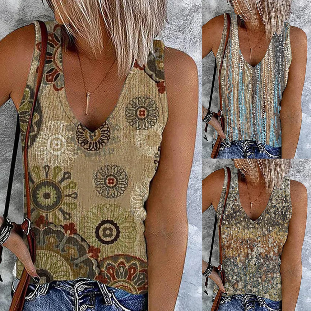 

Women V-Neck Sleeveless Boho Tank Vest Tops Ladies Summer Holiday Casual T-Shirt Cami Holiday Casual Sleeveless Women