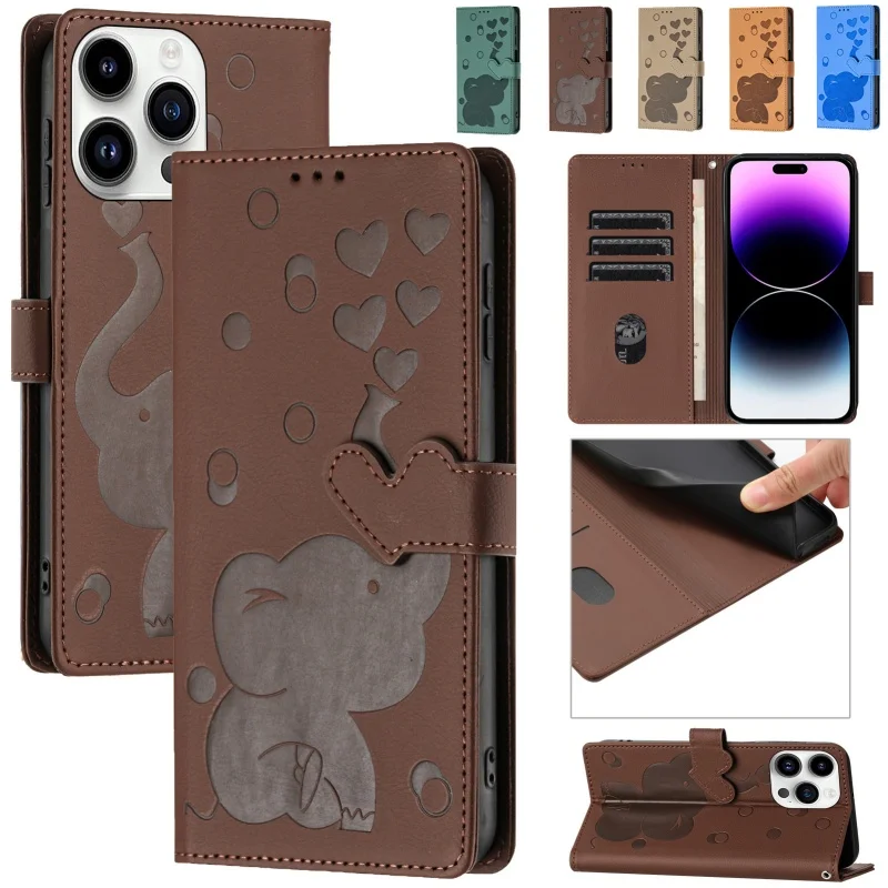 Whimsical Elephant Leather Wallet Phone Case with Card Slots