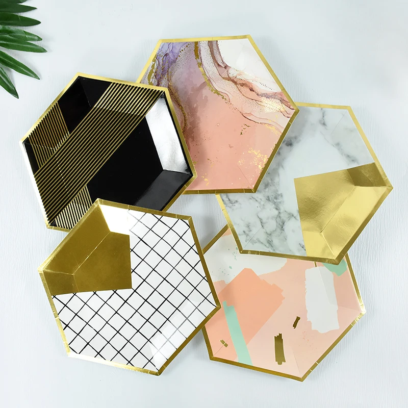 

10pcs Marble Gilding Paper Plates Hexagon Disposable Dinner Plate Wedding Birthday Party Tableware Baby Shower Dessert Cake Dish