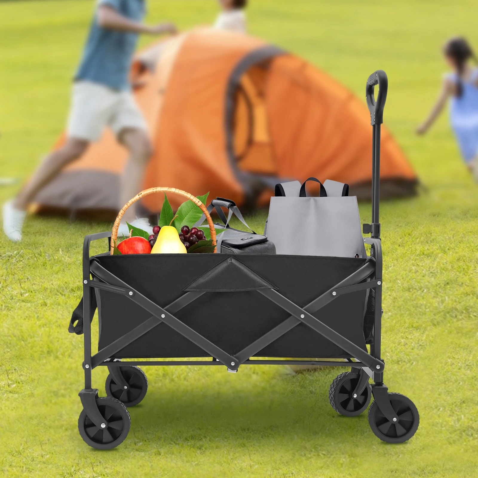 Collapsible Folding Wagon Garden Cart Utility Wagon Beach with 5" Rubber Wheels Adjustable Handle and 2 Cup Holders