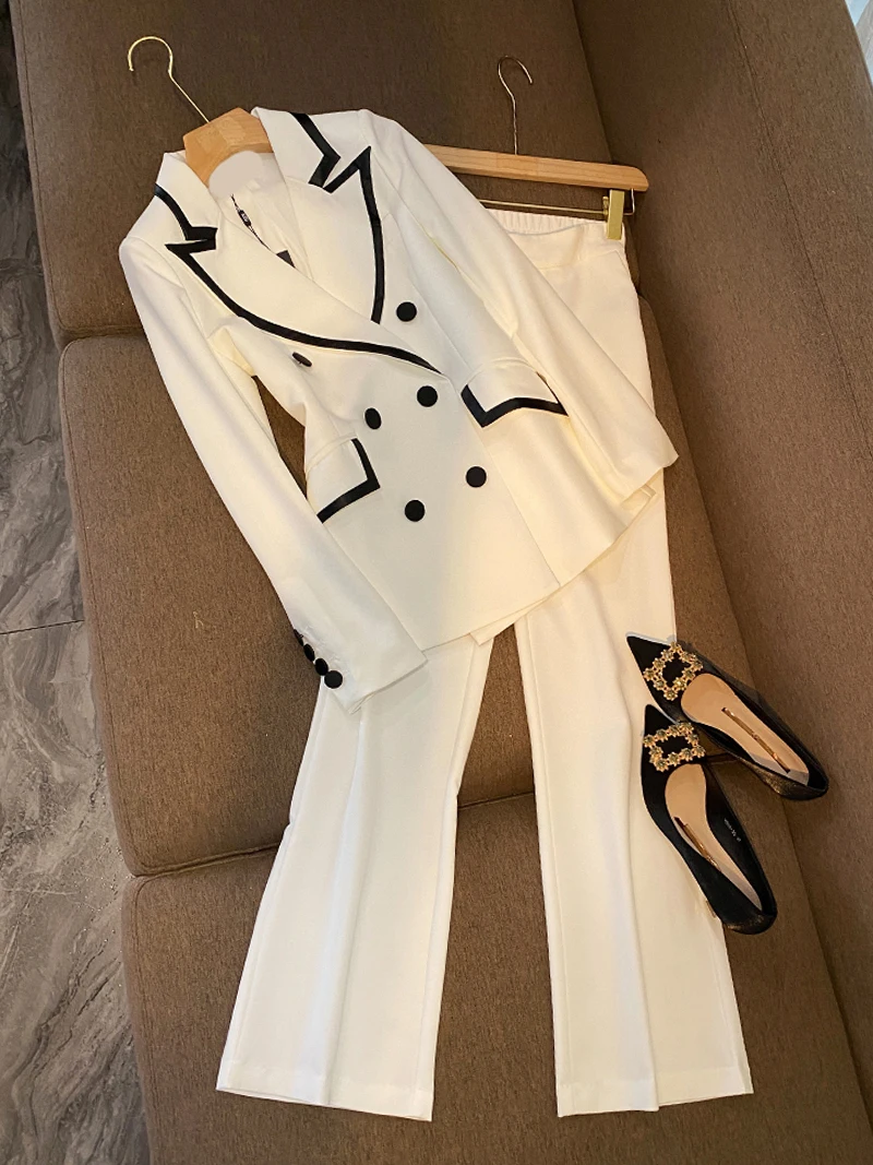 

Vintage Black White Color Block Coat Fall Winter Office Fashion Double-breasted Blazer Elastic Waist Pants Suit Women