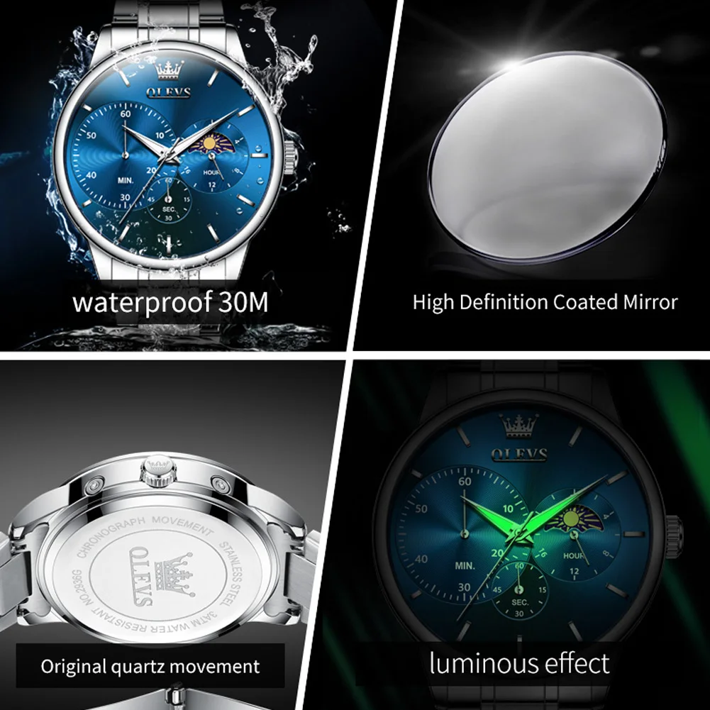 OLEVS Brand Luxury Chronograph Quartz Watch Men Stainless Steel Waterproof Fashion Moon Phases Watches Men Relogio Masculino