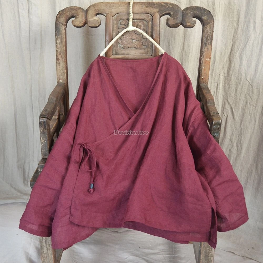 chinese national style v-neck vintage oblique lace-up cotton linen blouse top new women's loose irregular hem design shirt