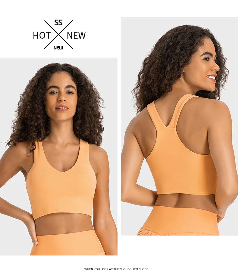 Solid Color Wide Shoulder Strap V-Neck Women Sports Tank Fitness Yoga Bra Crop Top Push Up With Chest Pad High Impact Shockproof
