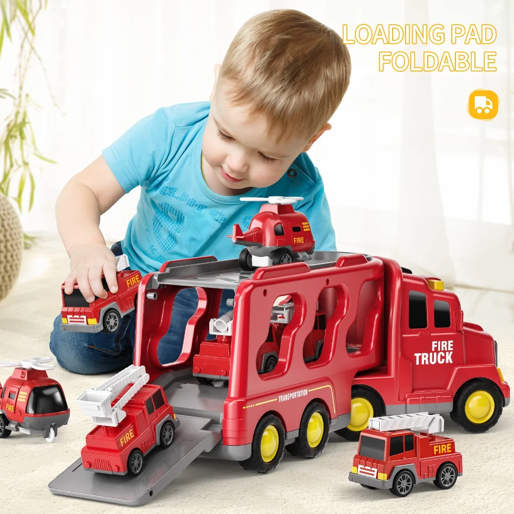 WizKidz Fire Toys for Kids 5 in 1 Carrier Truck Transport Friction Power Vehicles for Boys and Girls Ages 3 to 9 Birthday Gifts 5